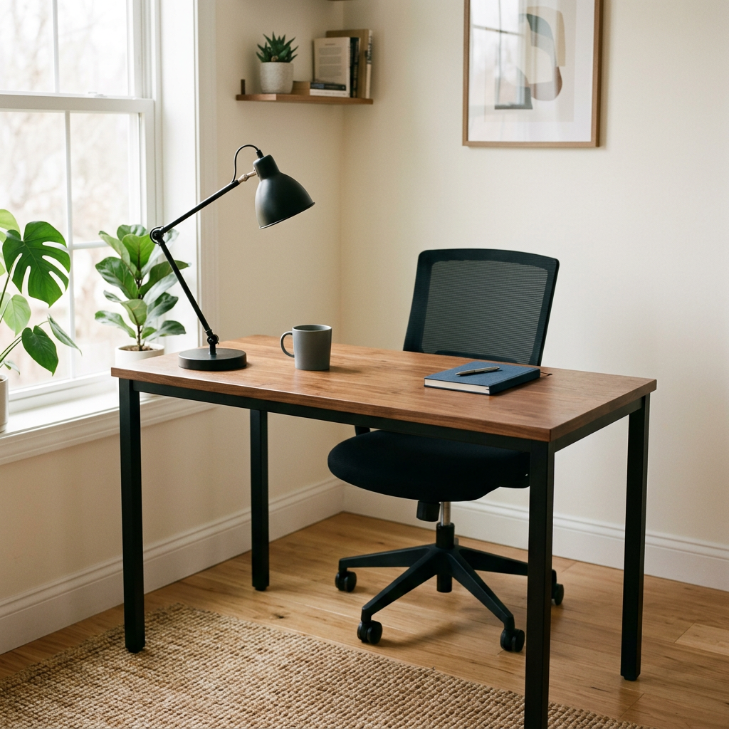 A walnut-top desk with black legs assembled in a home office corner