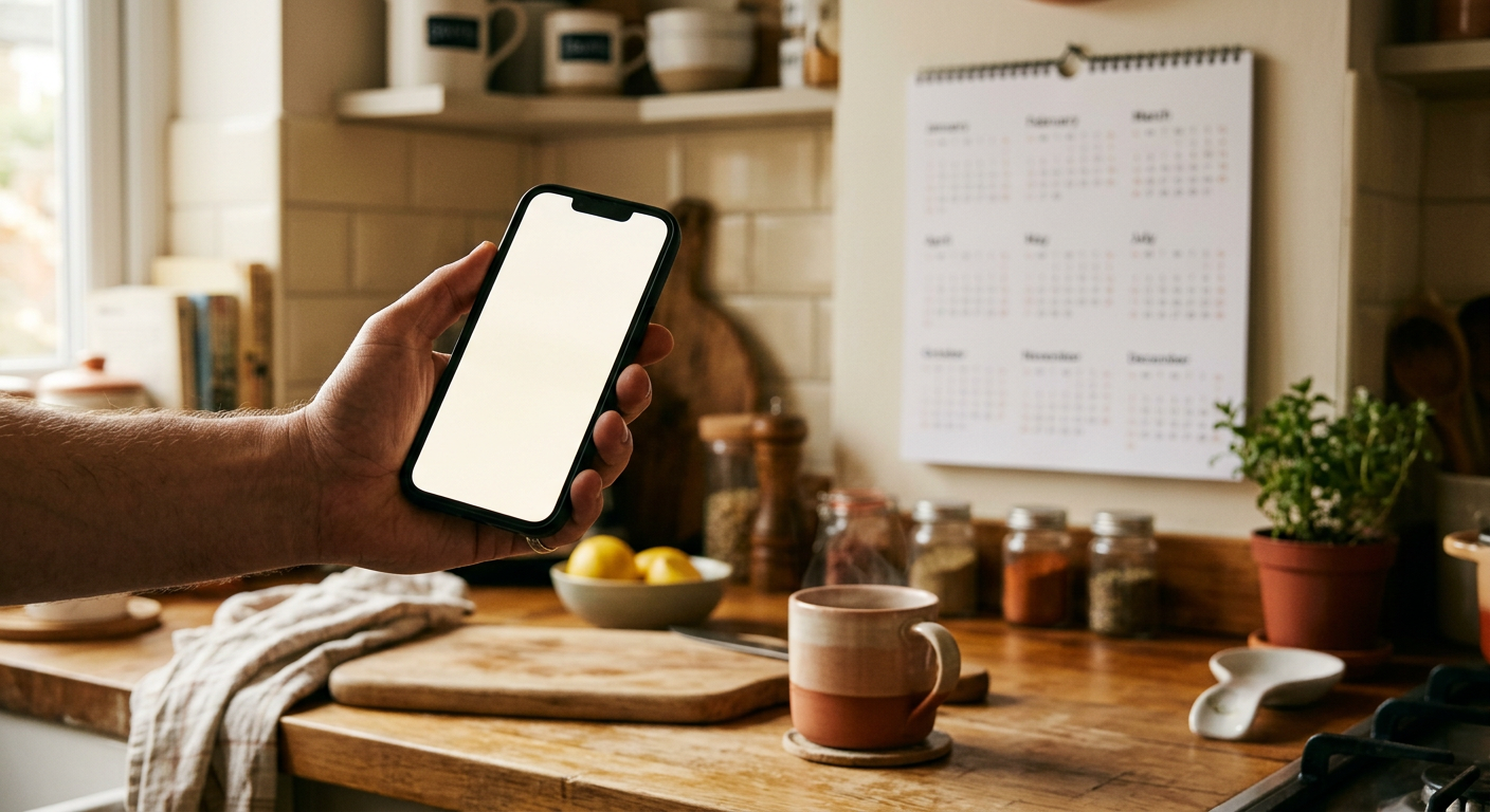 A hand holding a phone in a kitchen with a wall calendar behind it