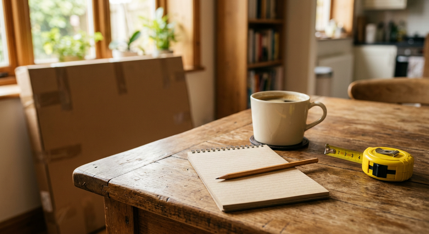 A wooden table with a notepad, pencil, tape measure and coffee, with a flat-pack box behind
