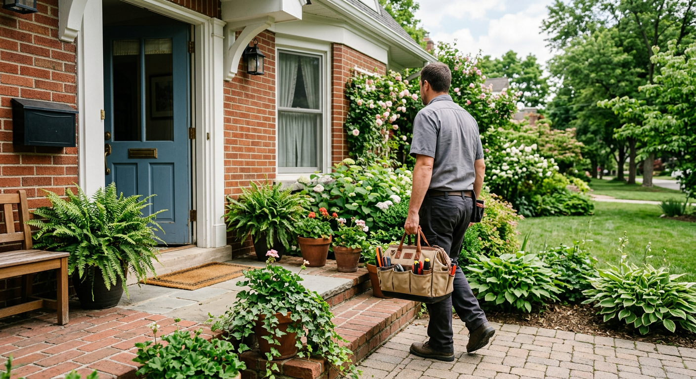 A handyman in a grey work shirt carrying a tool bag toward a front door